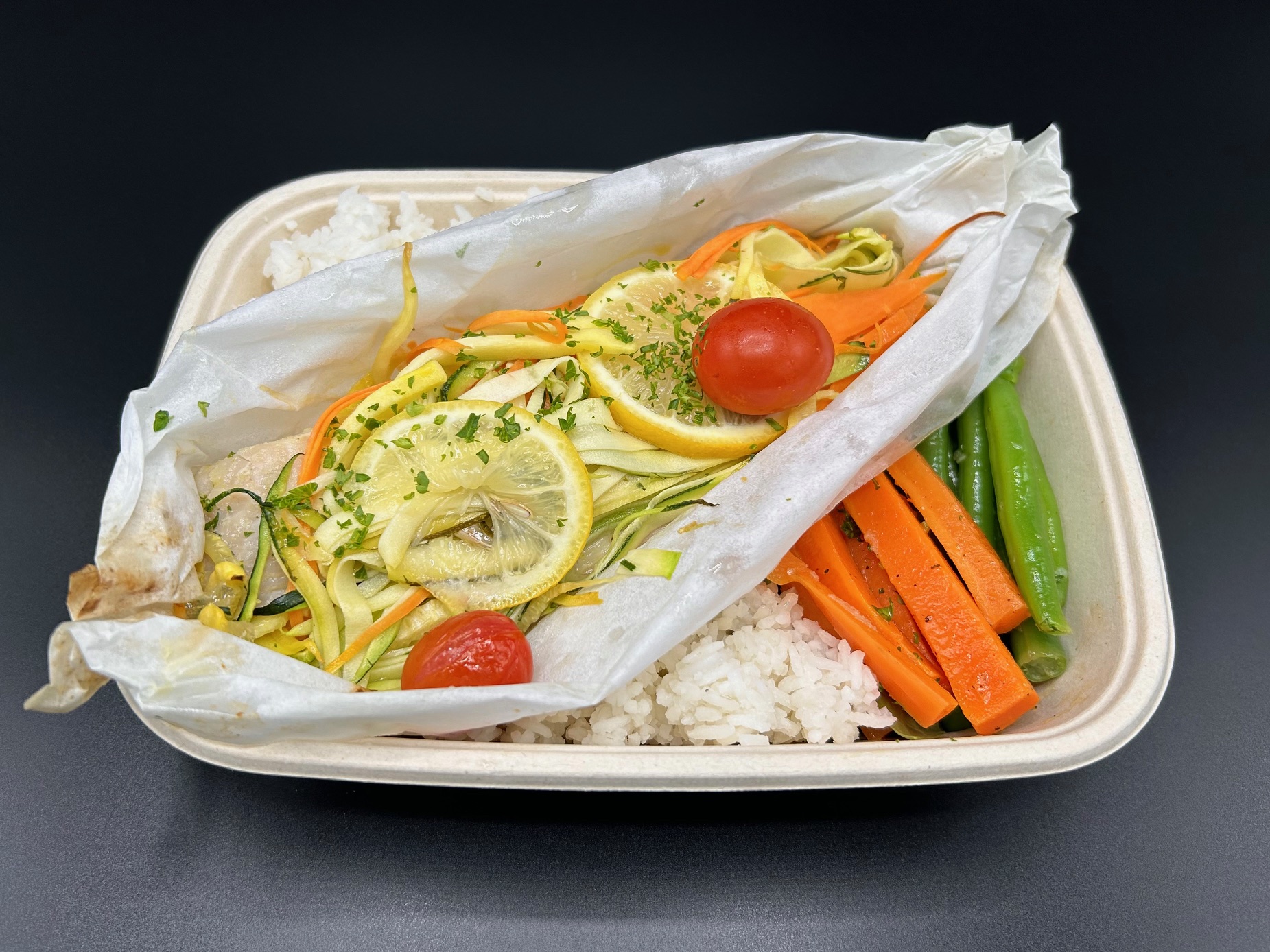 Tilapia en Papillote with coconut-infused jasmine rice