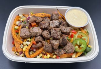 Southwest Loaded Sweet Potato Fries with Grilled Steak Tips